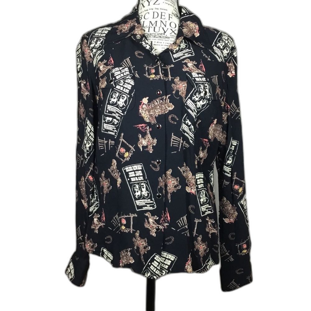 Black button down classic western Wild West pattern shirt rodeo Jesse James sz L